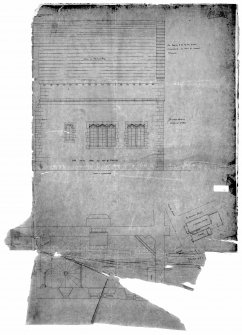 Scanned image of photographic copy of drawing showing designs for vestry, elevation & block plan.