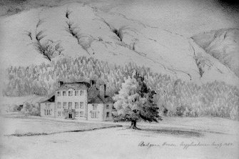 Scanned image of photographic copy of sketch showing Ardgour House, front elevation and its setting, inscr; 'Ardgour House, Argyleshire, Aug 9. 1850.'