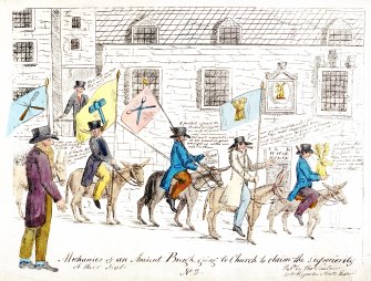 Photographic copy of a cartoon published by Sinclair; 'Mechanics of an Ancient Burgh going to Church to claim the superiority of their seats'