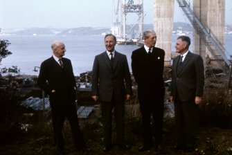 Visit by Prime Minister, the Rt. Hon. Harold McMillan with (left to right) Mr J R Dixon, Chairman of the A.D.C Bridge Co., Mr J A K Hamilton, Resident Engineer for Mott, Hay and Anderson, and Sir Hubert Shirley-Smith, Site Agent for the A.D.C. Bridge Co.
Copy of original 35mm colour transparency
Survey of Private Collection
