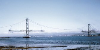 Prgress of erection of suspended structure in main and side spans. View north west from south shore.
Copy of original 35mm colour transparency
Survey of Private Collection