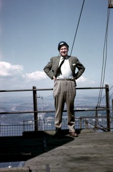 Mr R B Wood, Deputy Site Agent, the A.D.C. Bridge Co. at the top of the South Main Tower.
Copy of original 35mm colour transparency
Survey of Private Collection