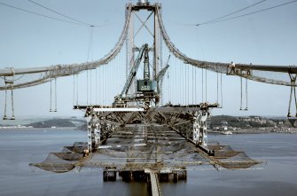 Suspended structure in south side span showing safety net carriage and nets. View north from south side tower.
Copy of original 35mm colour transparency
Survey of Private Collection