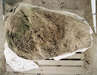 Symbol stone, bearing crescent and V-rod and triple-disc.
Photographed at Cairnton Farm.