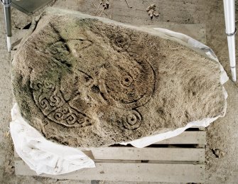 Symbol stone, bearing crescent and V-rod and triple-disc.
Photographed at Cairnton Farm.