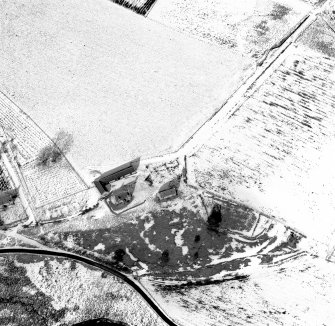 Scanned image of Badenyon, oblique aerial view, taken from the SSW, centred on the site of Badenyon Castle and the farmsteading.