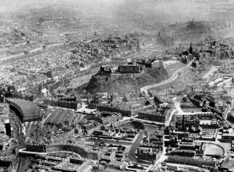 Scanned image of aerial view of Edinburgh showing Princes Street Station (cutting)