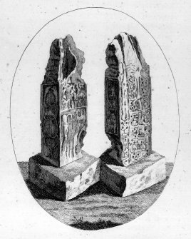 Engraving of two  views of the Dogton Stone.
From T Pennant, Tour in Scotland, 1772, pl.xxiii.