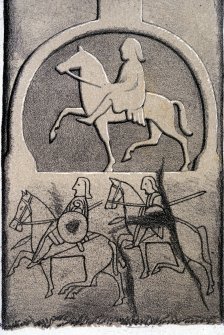 Detail of horsemen on the Edderton cross-slab.
From J Stuart (1867) 'Sculptured Stones of Scotland', volume 2, plate CXXIX.