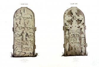 Meigle cross-slab (no.2). Face and reverse.
From J Stuart, The Sculptured Stones of Scotland, vol. i, 1856, pls.lxxiv, lxxv.
Digital copy of D 15293 CN.