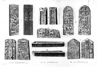 Illustrations of Aberlemno Roadside Pictish cross-slab, Glamis Manse Pictish cross-slab, Meigle Pictish cross-slabs 1 and 2, and Meigle Pictish sculptured stones, 9, 10, and 11.
From T Pennant, Tour in Scotland, 1772.