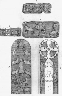 Engraving of reverse and face of Meigle no.1 cross-slab, and of sculptured stones no.10 and two others, unidentified.
From Alexander Gordon, 'Itinerarium Septentrionalis' (1726), (pl.53).