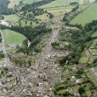 General oblique aerial view of Jedburgh, the jail, burial ground and abbey, taken from the NNE.