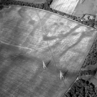 Scanned image of oblique aerial view centred on the cropmarks of the pit-alignment with the cropmarks of the square pit and the rig and the farmsteading adjacent, taken from the SSW.