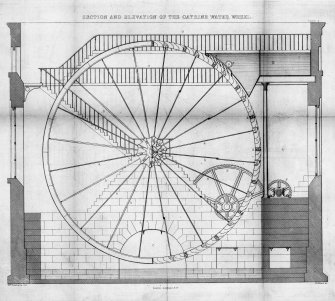 Scanned image of photographic copy of technical drawing of water wheel.
