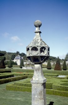 View of sundial at Pitmedden House.