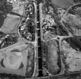 Scanned image of oblique aerial view showing Neptune's Staircase, Banavie Swing Bridge and Banavie Railway Swing Bridge