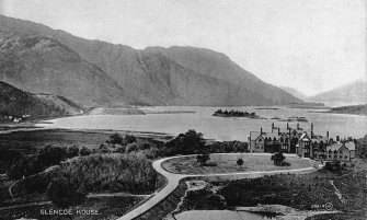Postcard.
Distant view of Glencoe House and Loch Leven.
Inscr; 'Glencoe House.'