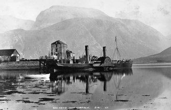 View of Ben Nevis from Corpach showing Caledonian Canal engine house and offices, and paddle steamer, inscr; 'Ben Nevis from Corpach'