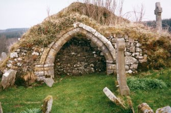 Detail of medieval church, including Maclean burial aisle.