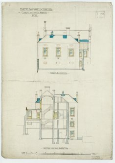 Drawing showing W elevation and section and end elevation with proposed alterations.