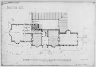 Ashley House
Scanned image of ground floor plan
Insc: 'Ashley House, Ratho. Ground Floor Plan. Drawing No.2'
Dated: '14 Frederick Street, Edinburgh, April 1920'
Pencil, ink and colourwash
Scale 1":8'