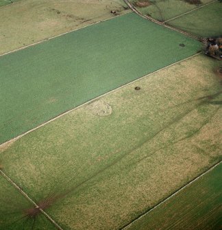 Oblique aerial view centred on the remains of the stone circle and cairn, taken from the SW.