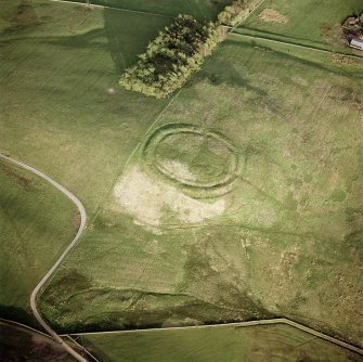 Oblique aerial view centred on the remains of the settlement, taken from the WNW.