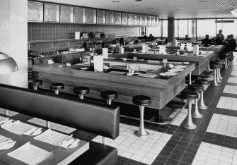 Glasgow Airport, Abbotsinch.
Photographic view of interior showing cafeteria.
Labelled:  'General view of buffet'.
Stamped on verso:  'A.L. Hunter Photography 18 Great Stuart Street Edinburgh, 3. CALedonian 3019'.
