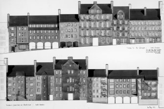 Scanned image of drawing showing N and S elevations of redevelopment at Chessel's Court.