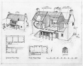 Scanned image of drawing showing reconstruction: perspective elevation; sections showing painted ceilings; ground floor plan; first floor plan and pediment.