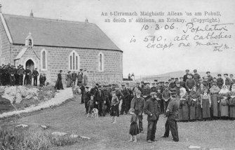 Postcard view of people gathering outside the church.