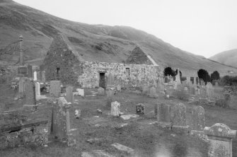 View of ruined church and graveyard.