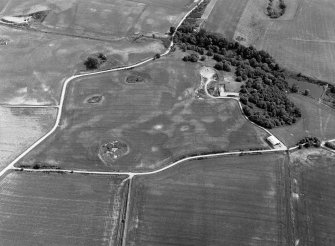 Oblique aerial view centred on the cropmarks of the timber hall, ring ditch, enclosures and pits at Mondobbo House, looking to the NE.