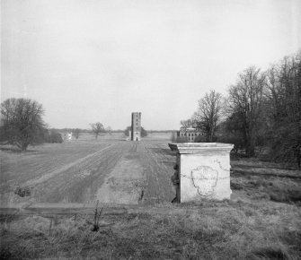 Distant view from south of Gordon Castle site and tower after demolitions