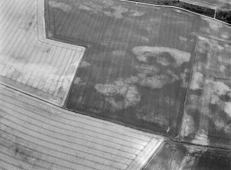 Oblique aerial view centred on the cropmarks of the unenclosed settlement, ring ditch, soutterains and pits at Burnhead of Mondobbo, looking to the SSE.
