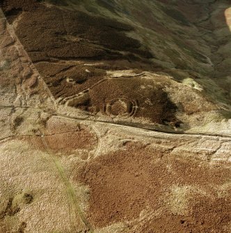 Oblique aerial view of Brownhart Law Roman fortlet and earthwork.