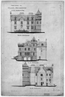 Scanned image of drawing showing front, back and NE elevations with additions for M K Angelo, Esq.