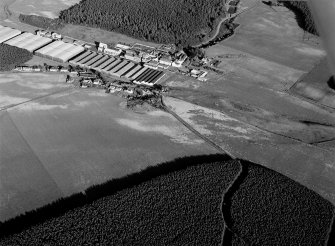 Oblique aerial view centred on the remains of the earthwork,  cropmarks of a rectilinear enclosure and pits at Thomshill with the Glenlossie distillery adjacent, looking to the ESE.