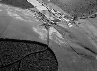 Oblique aerial view centred on the remains of the earthwork,  cropmarks of a rectilinear enclosure and pits at Thomshill with the Glenlossie distillery adjacent, looking to the ENE.