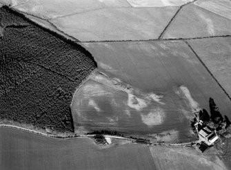 Oblique aerial view centred on the cropmarks of an enclosure at Nether Bogside and Upper Manbeen with the farmstead adjacent, looking to the E.