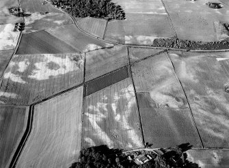 Oblique aerial view centred on the cropmarks of the enclosure at Rait Castle, looking to the NNE.