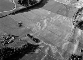 Oblique aerial view centred on the cropmarks of the possible field boundary, looking to the NNE.