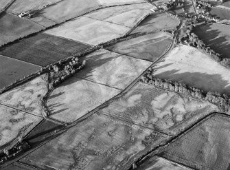 Oblique aerial view centred on the cropmarks of an enclosure, pit alignment and rig at Damside, looking to the ENE.