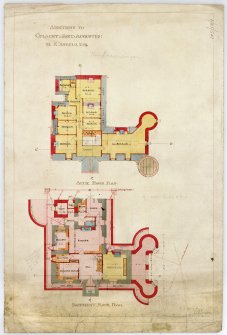 Scanned image of drawing showing basement and attic floor plans with additions for M K Angelo, Esq.
