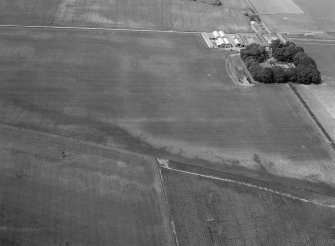 Oblique aerial view centred on the cropmarks of the unenclosed settlement, ring ditches, souterrain and pits with the farmstead adjacent at Newbigging, looking to the NW.