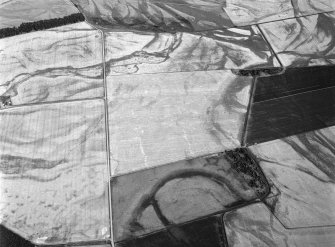 General oblique aerial view centred on the cropmarks of the unenclosed settlement, ring ditches, souterrains, field boundaries and rig at Westside, looking to the ENE.