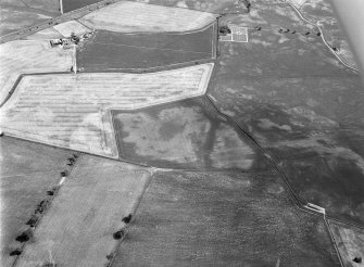 Oblique aerial view of the cropmarks of the enclosure, unenclosed settlement and other cropmarks at Myreside, looking to the SSE.