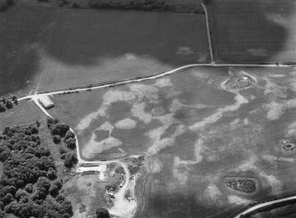 Oblique aerial view centred on the cropmarks of the timber hall, ring ditch, enclosures and pits at Mondobbo House, looking to the WSW.