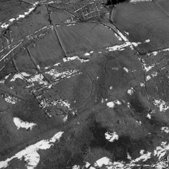 Oblique aerial view of the Roman temporary camp, bank barrow and enclosures at Raeburnfoot